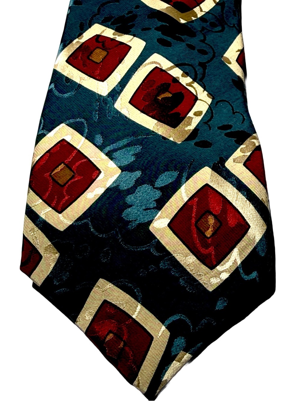 Ferrell Reed Teal Geometric Medallion Tie with Red and Cream Accents INV 0422bch